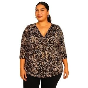 Avenue Women Plus 18/20 Animal Print Brown Cream Twist V Neck 3/4 Sleeve‎ Tunic